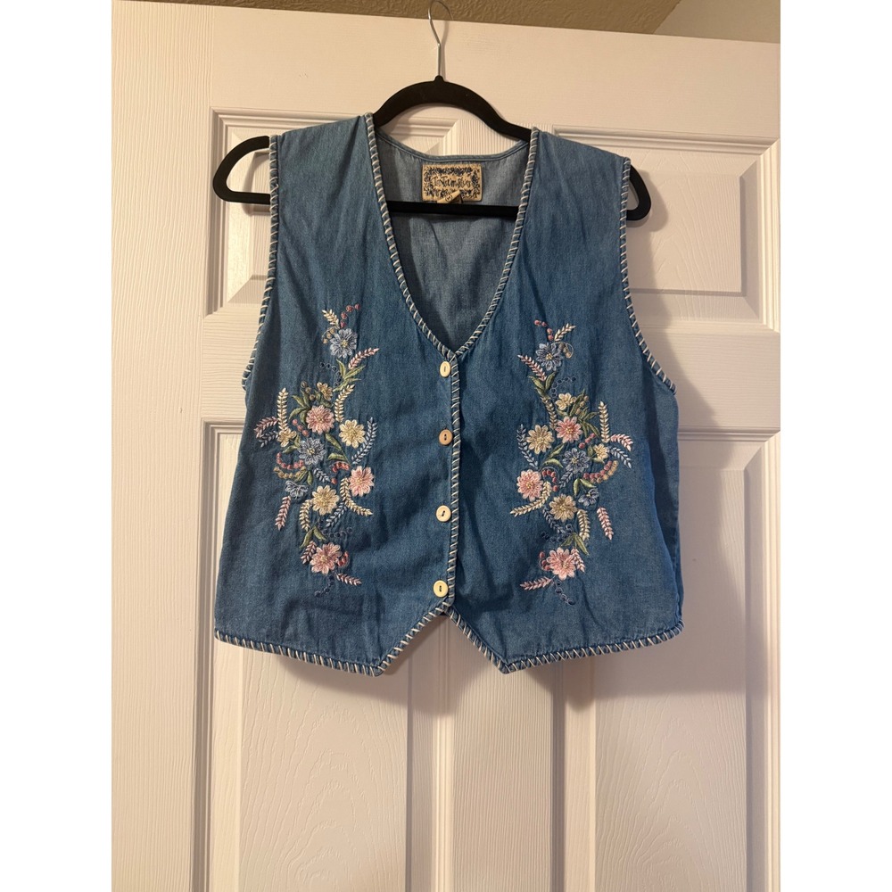 VTG 90s Tantrum Blues Floral Embroider Denim Vest Medium Wash Boho Cinch Back M